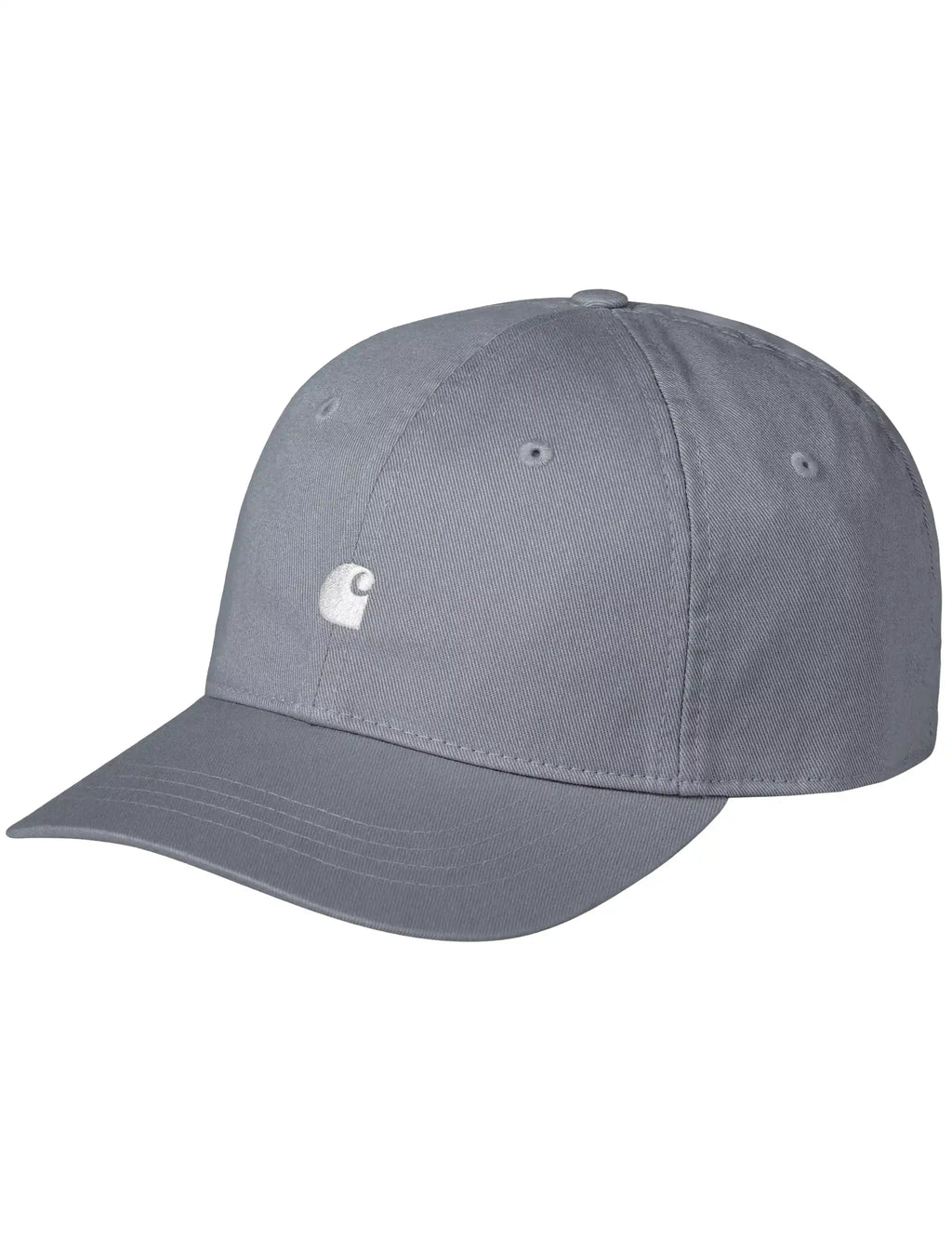 Blue-gray logo baseball cap with white front emblem and curved brim