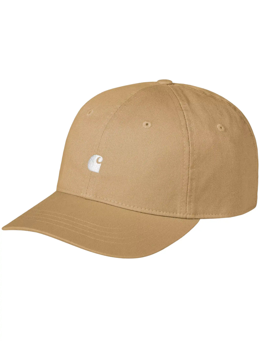 Beige unstructured baseball cap with curved brim and white logo emblem