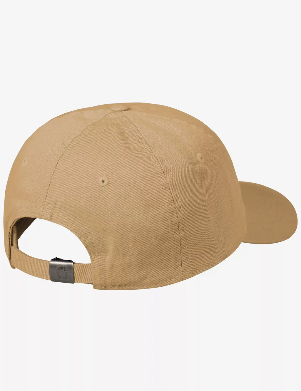 Beige baseball cap with adjustable back strap and small white emblem