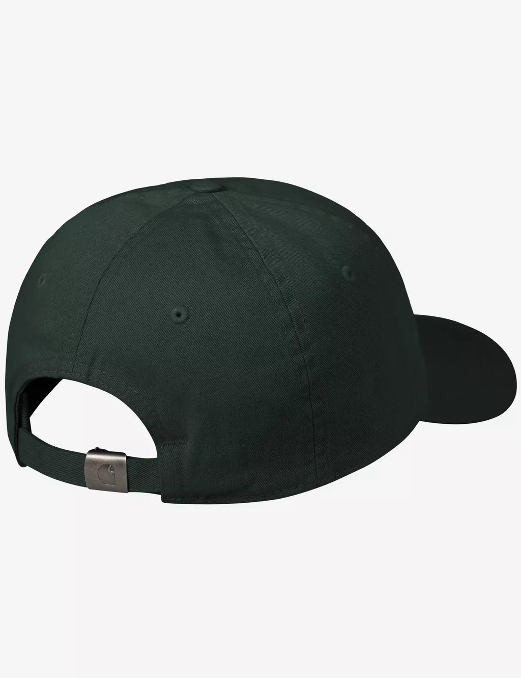 Dark green baseball cap with adjustable back strap and stitched panels
