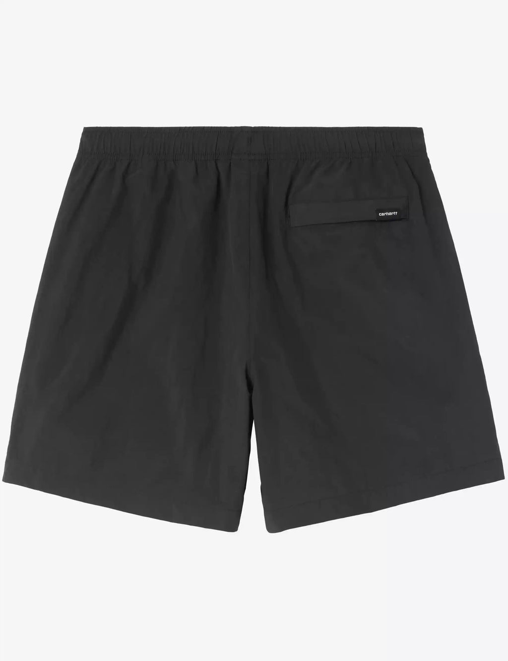 Black woven shorts with elastic waistband and back patch pocket, logo embroidery