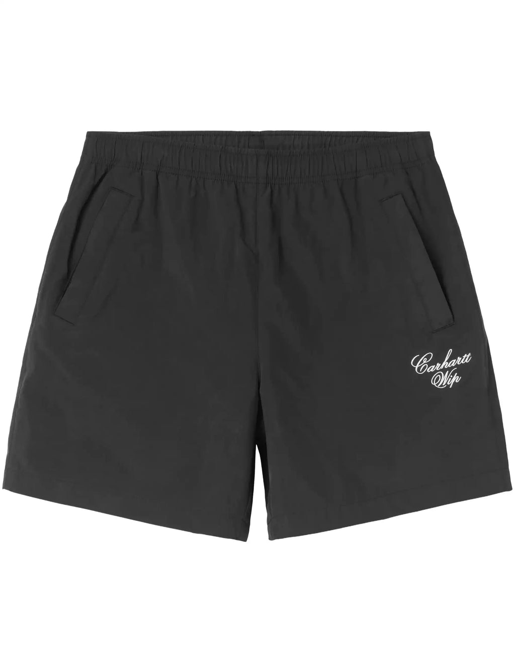 Black shorts with elastic waistband and back logo, worn with socks and sneakers
