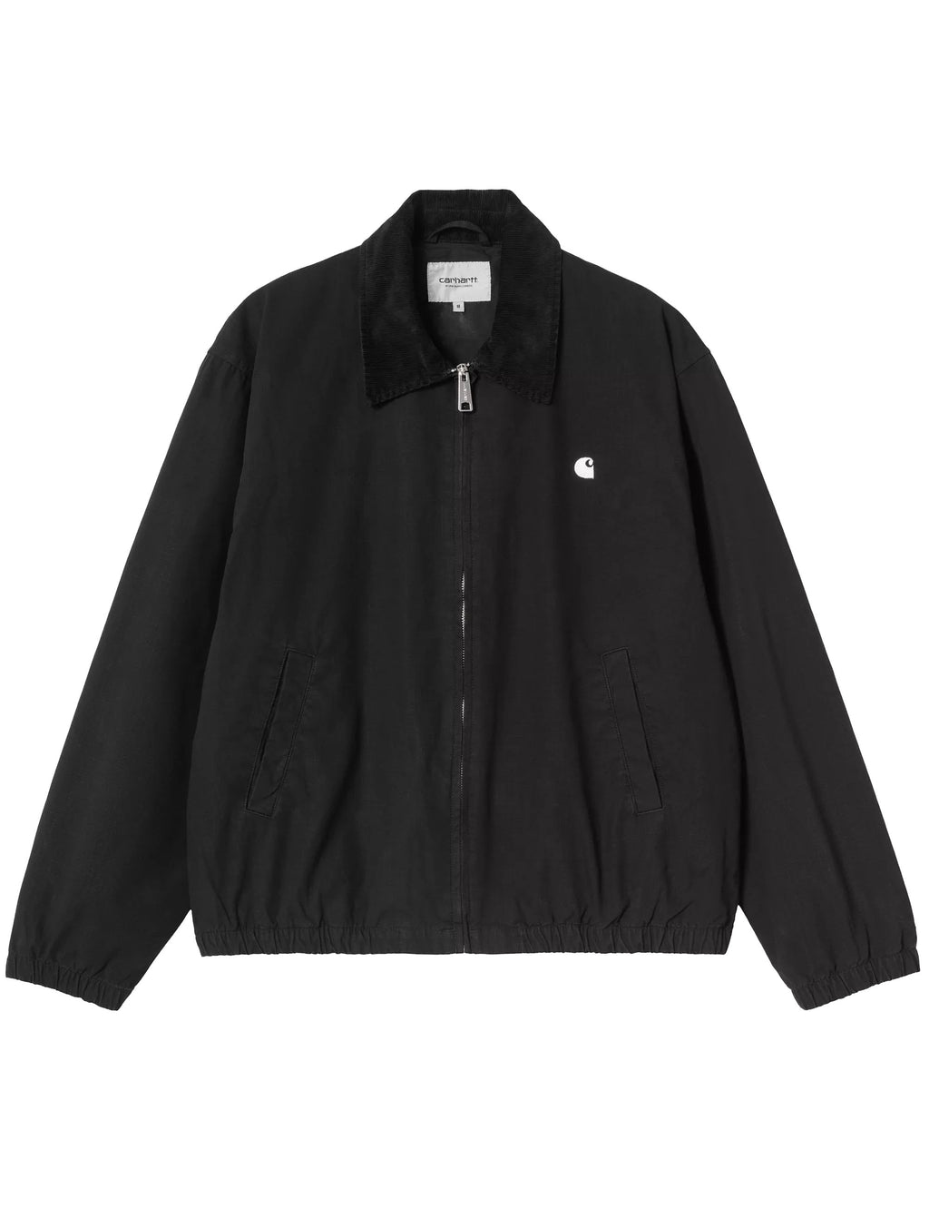 Black ripstop jacket with zip front, stand collar, and chest logo patch