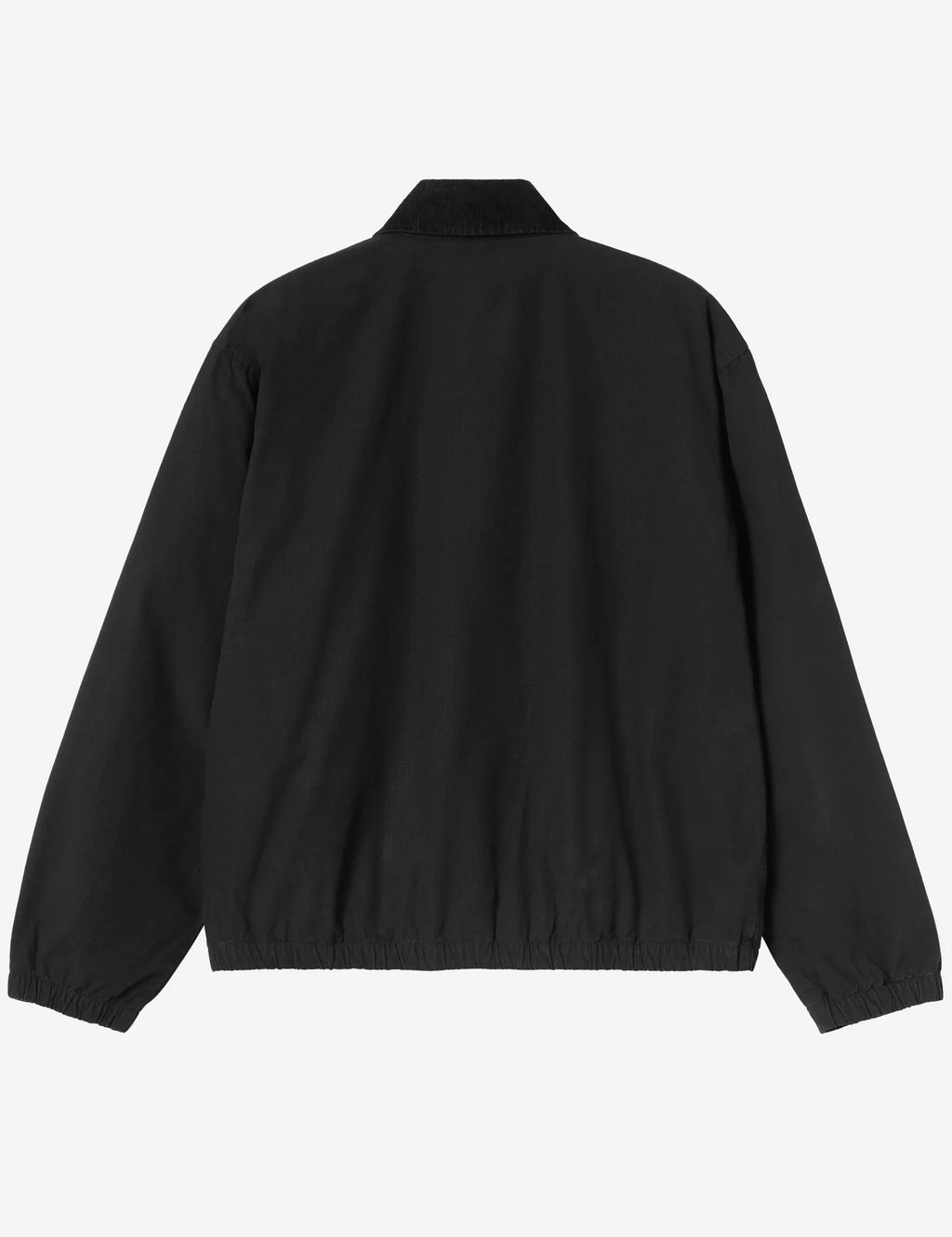 Black ripstop jacket with stand collar and elastic hem, back view