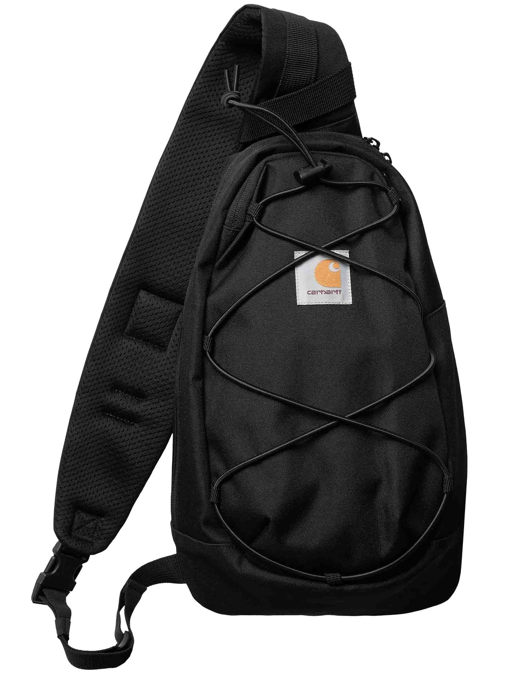Black sling bag with front drawstring cord and small label patch