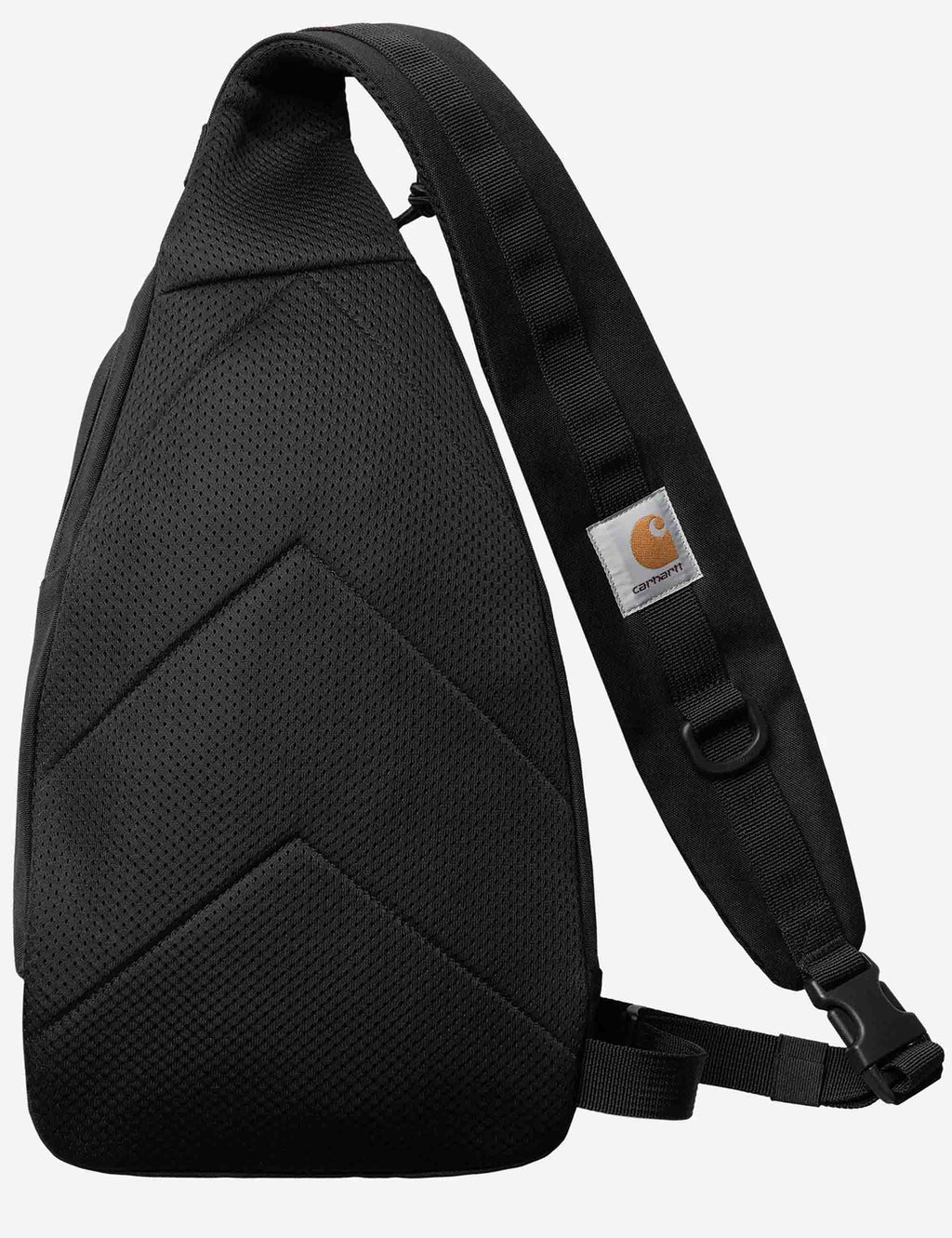 Black textured sling bag with wide strap and front panel pocket