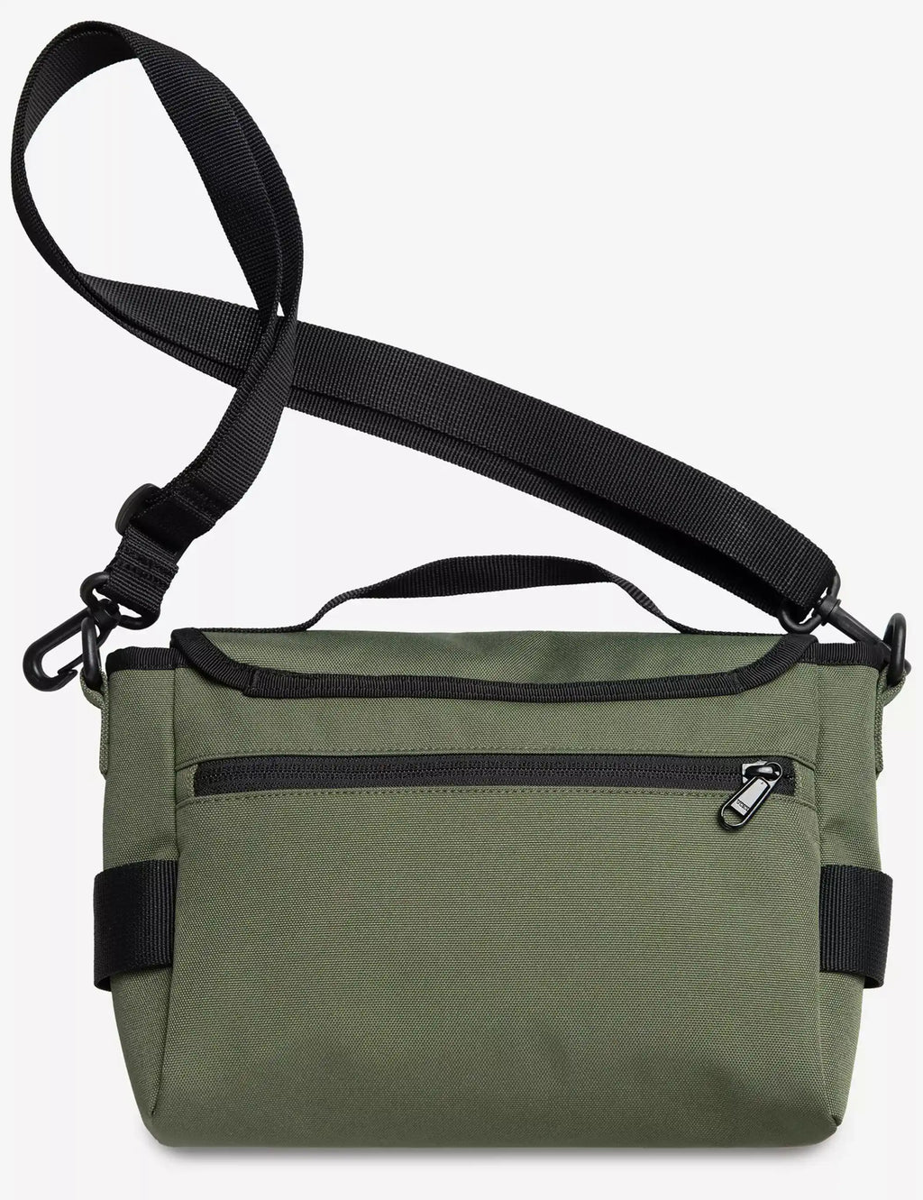 Olive green canvas shoulder bag with wide strap and front buckle pocket