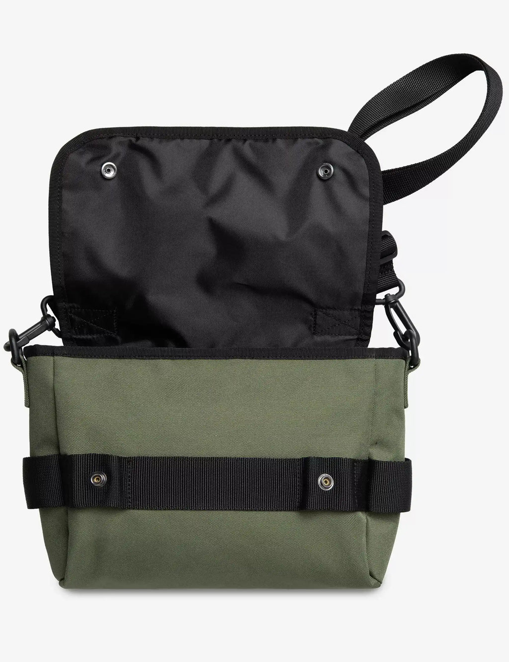 Olive green and black shoulder bag with top panel and side strap details