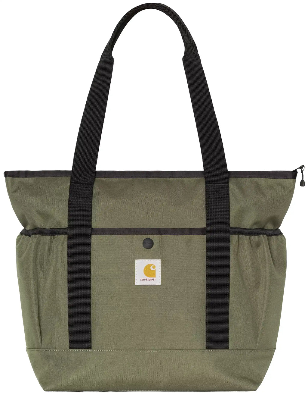 Leaf green canvas tote bag with black handles, front patch pocket and logo patch