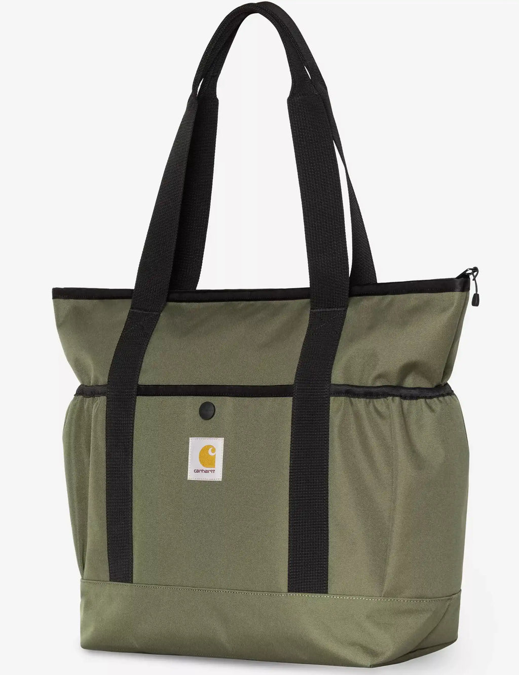 Leaf green canvas tote bag with black handles, front logo patch and side zipper