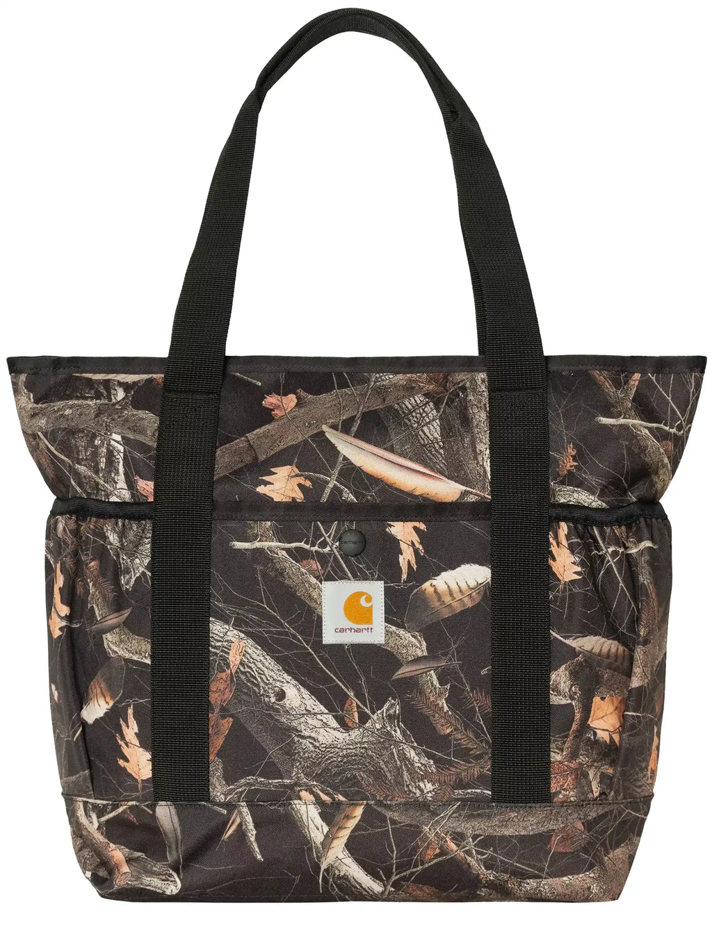 Clapton tote bag with camouflage feather print, black handles and front logo patch