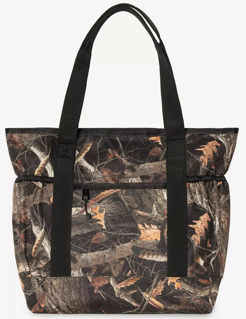 Camouflage feather print tote bag with black webbed handles and front pocket