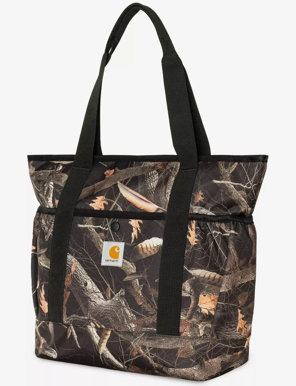 Camouflage feather tote bag with black handles and stitched front logo patch