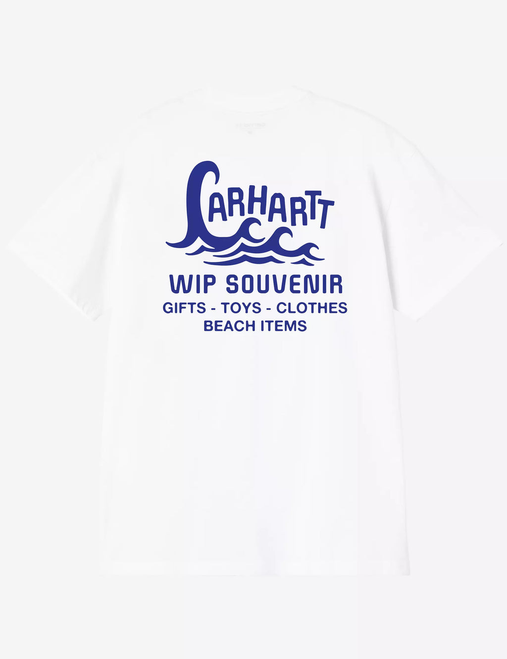 White t-shirt with large blue front logo and text