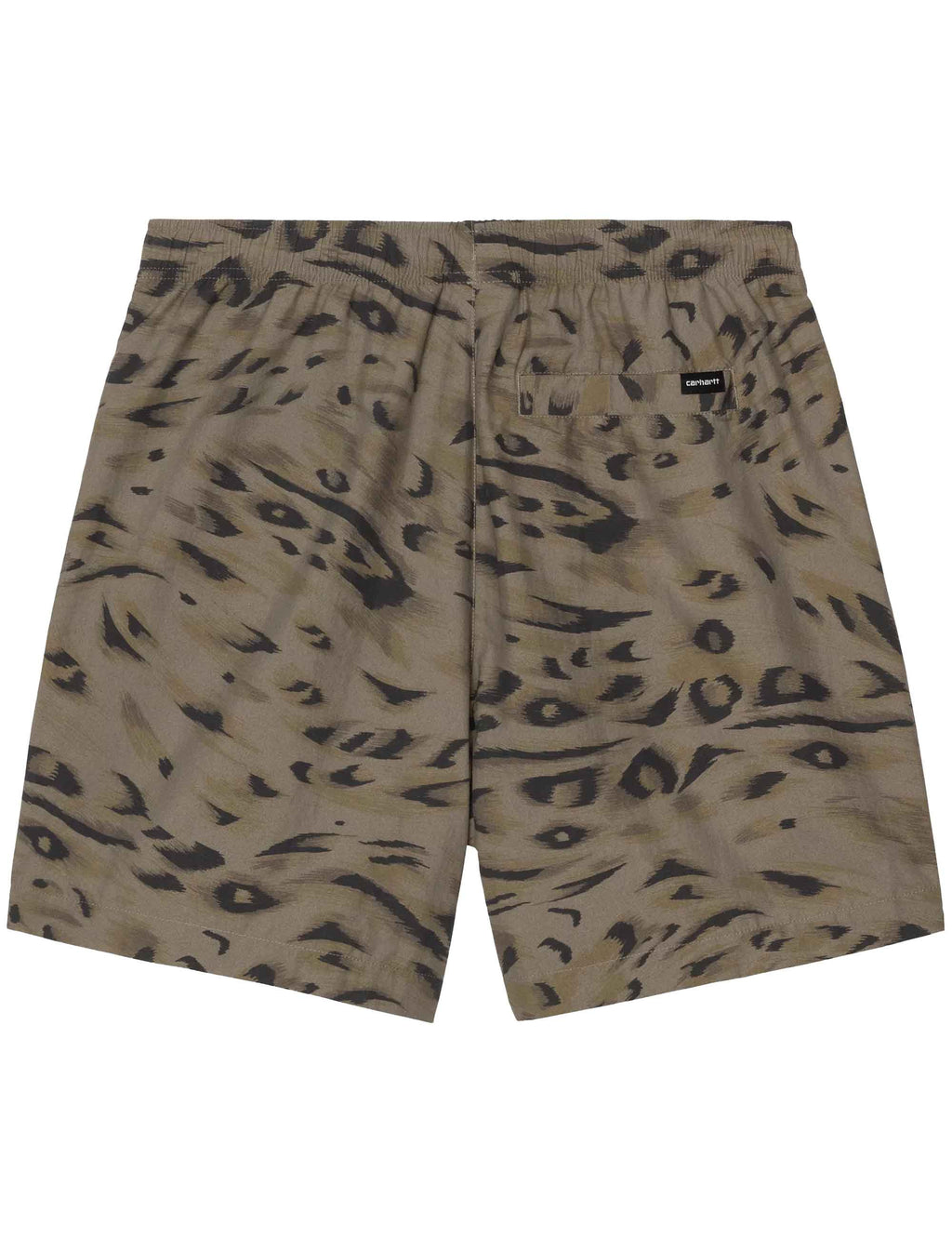 Printed above-knee shorts, olive with dark duck-feather pattern, front fly seam