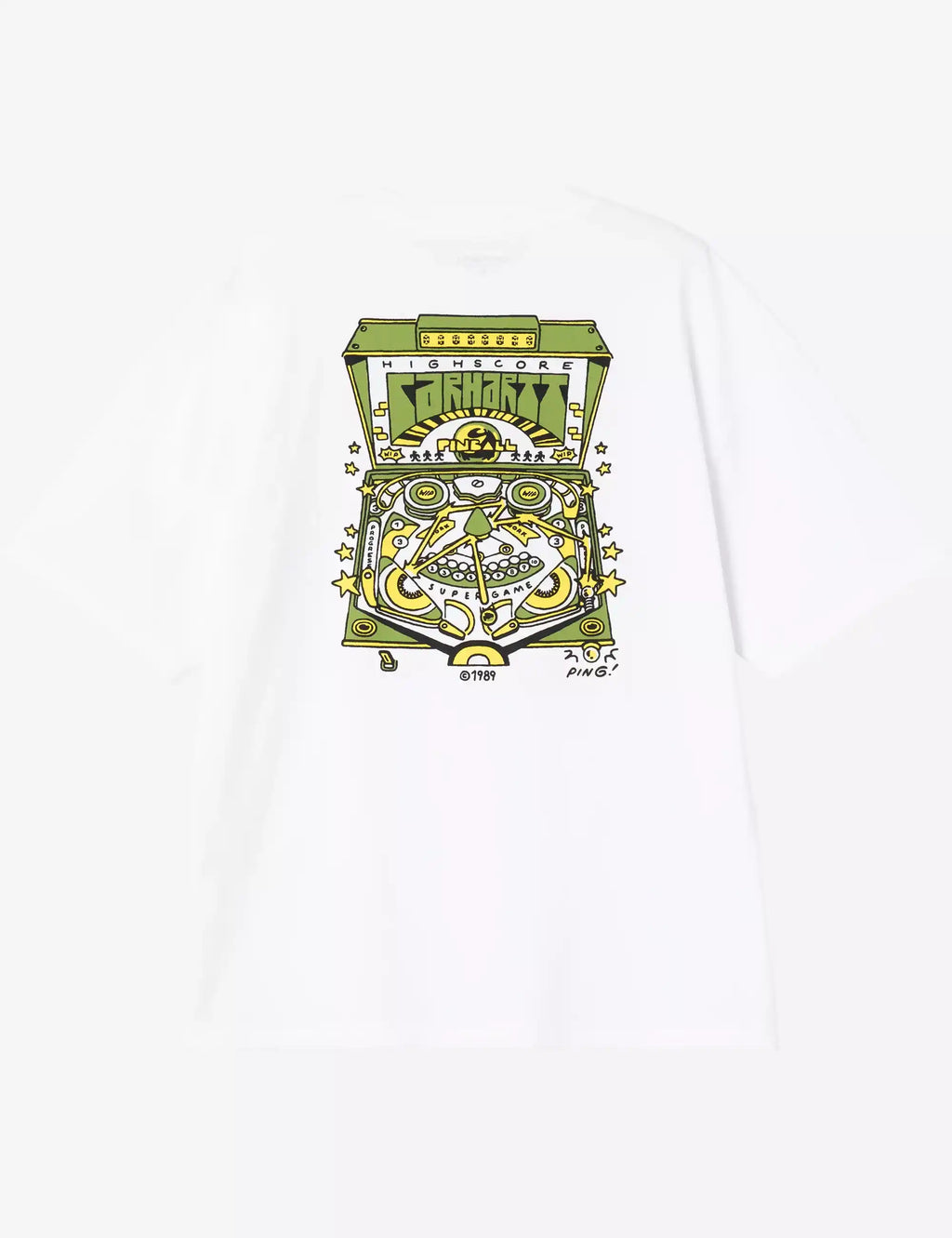 White T-shirt with large centered pinball graphic print