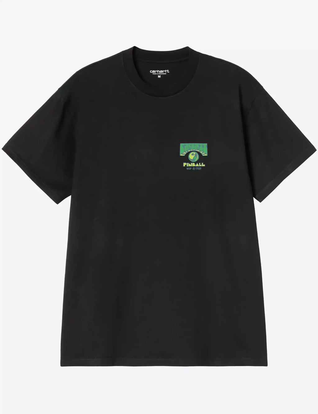 Black T-shirt with green pinball logo on chest
