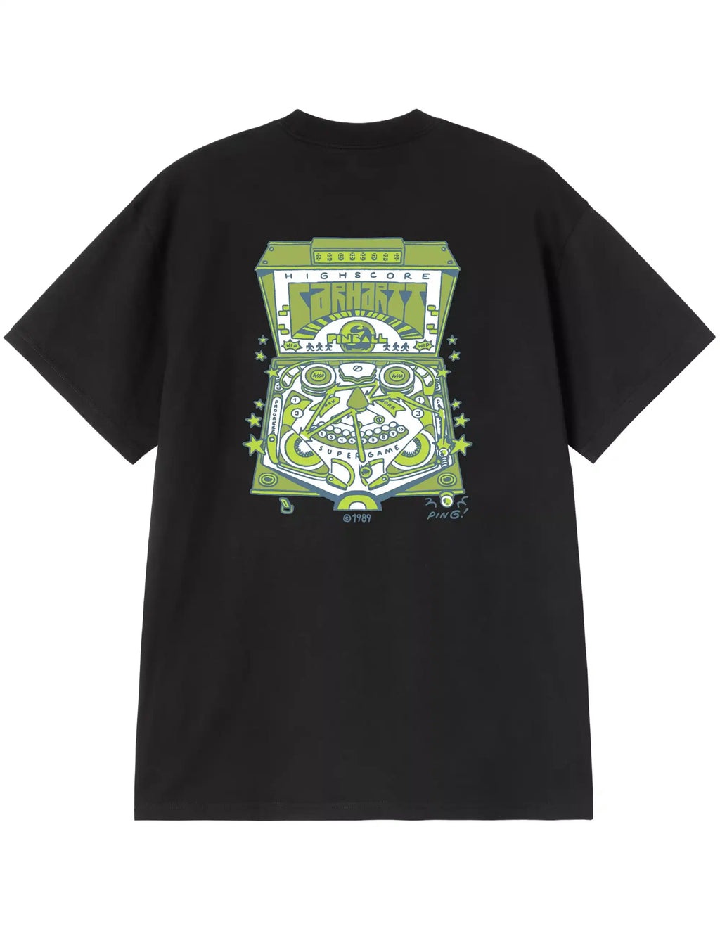 Black T-shirt with large back pinball machine graphic