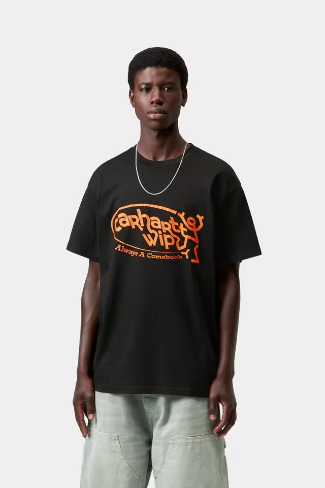 Black crew-neck T-shirt with orange Carhartt WIP front graphic and short sleeves