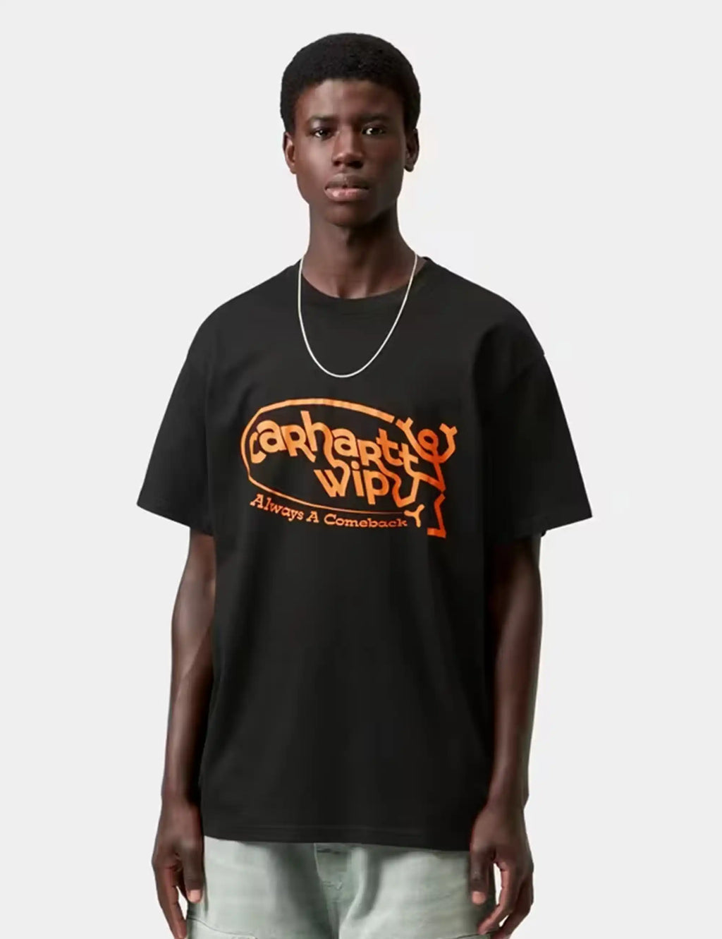 Black Carhartt WIP T-shirt with orange logo graphic on front