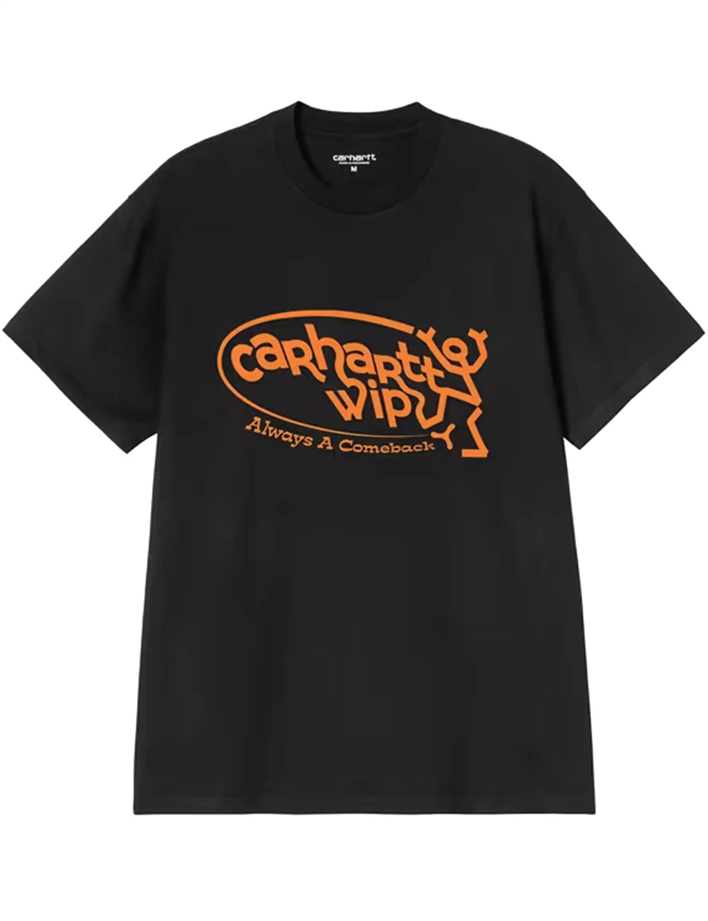 Black Carhartt WIP T-shirt with orange centered front logo text