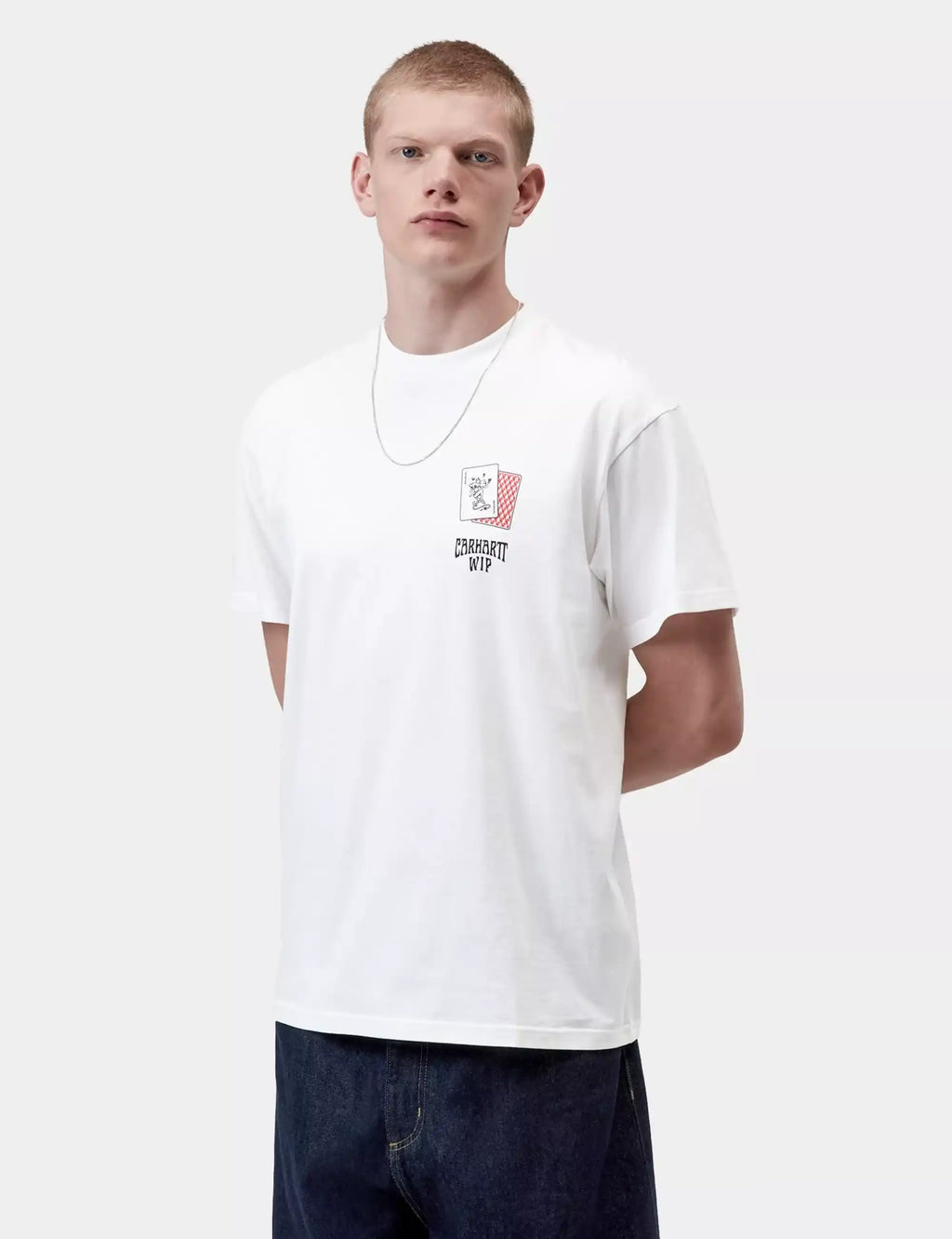 White crew-neck T-shirt with small left-chest logo and red card icon