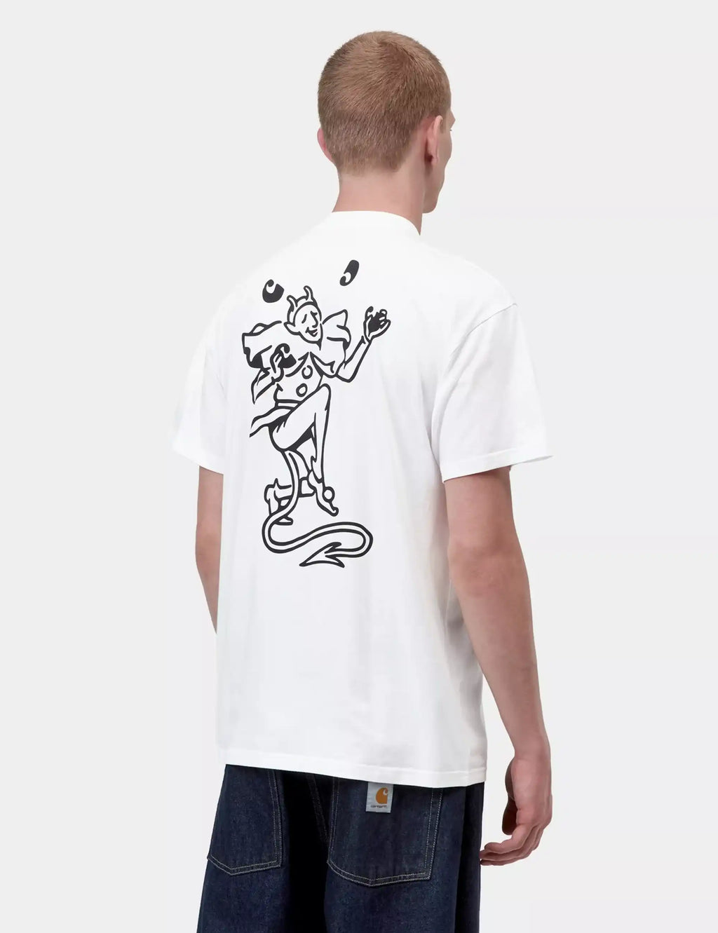 White T-shirt with large black back graphic of a card character