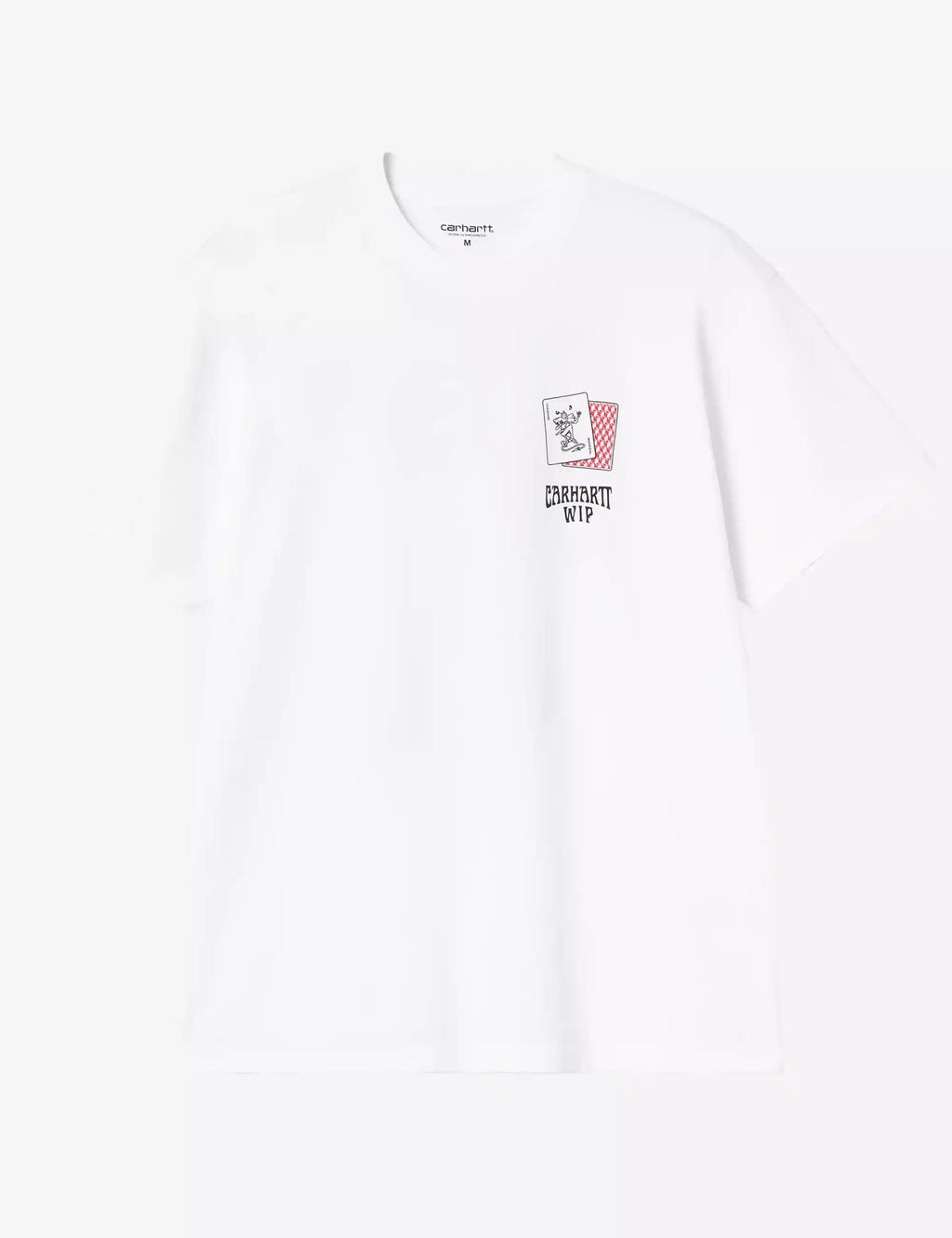 White crew-neck T-shirt with small left-chest logo patch and red card icon