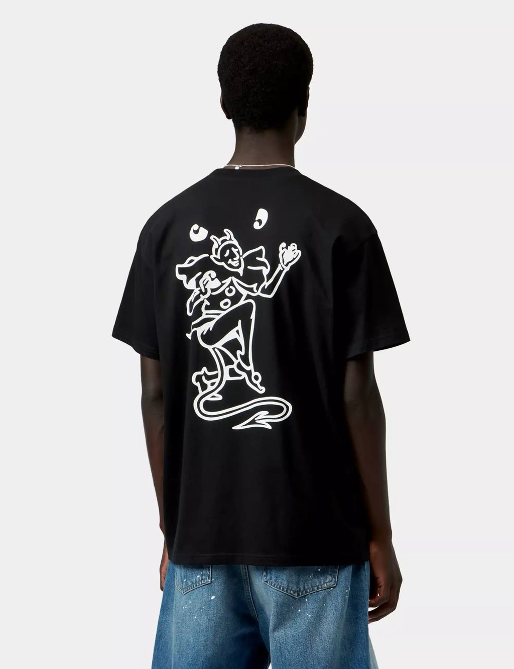 Black T-shirt with back playing cards dancer graphic print on model