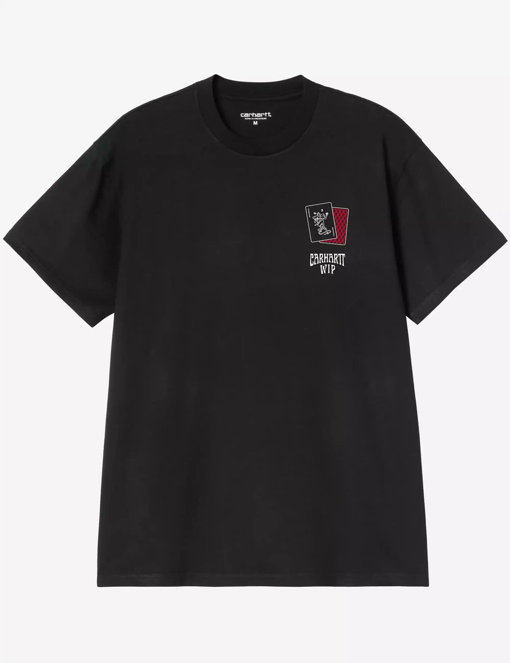 Black T-shirt with small chest logo patch and 'WIP' graphic