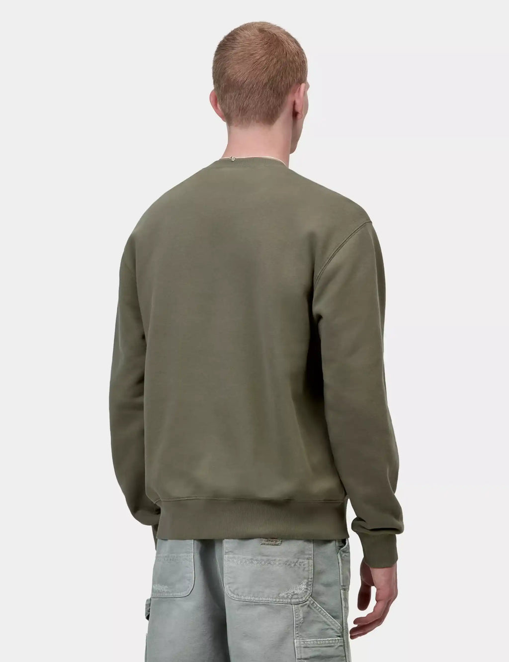 Olive green crewneck sweatshirt with plain back and long sleeves