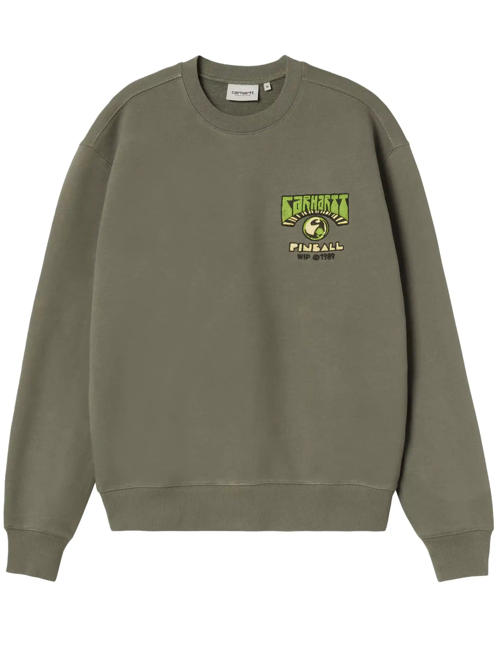 Olive green crewneck sweatshirt with embroidered front logo and text