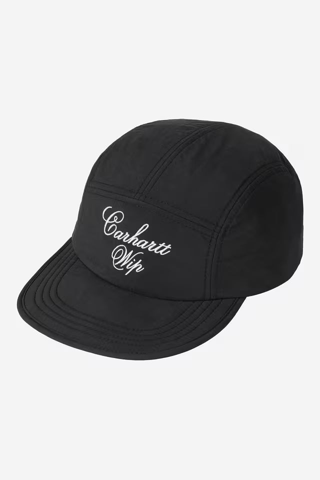 Carhartt WIP Travon cap, black with Carhartt WIP script logo and curved brim