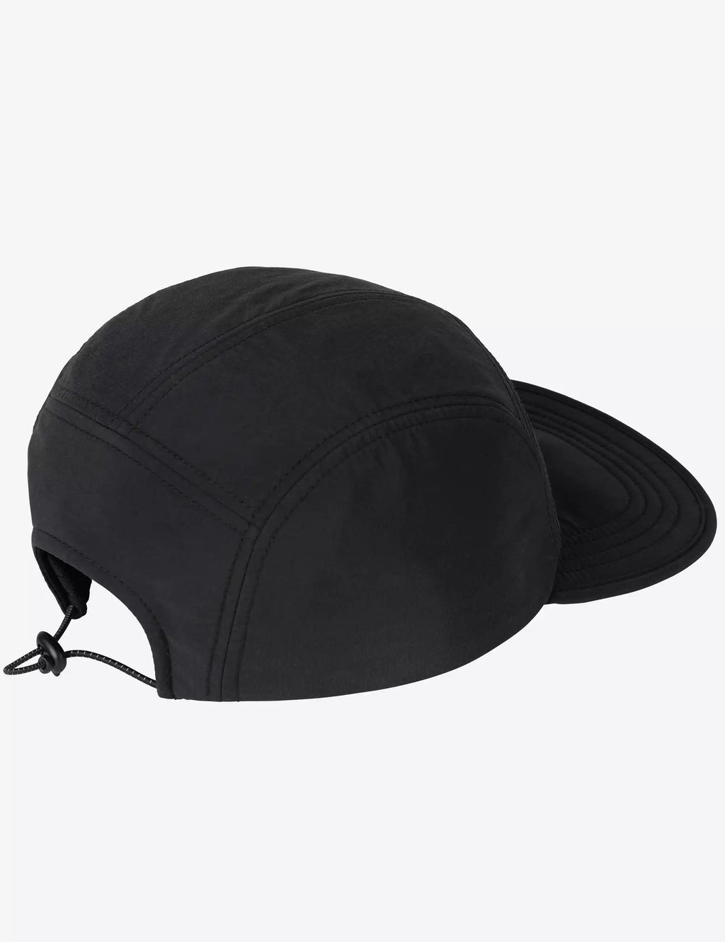 Black cap with adjustable chin cord, curved brim and domed six-panel crown