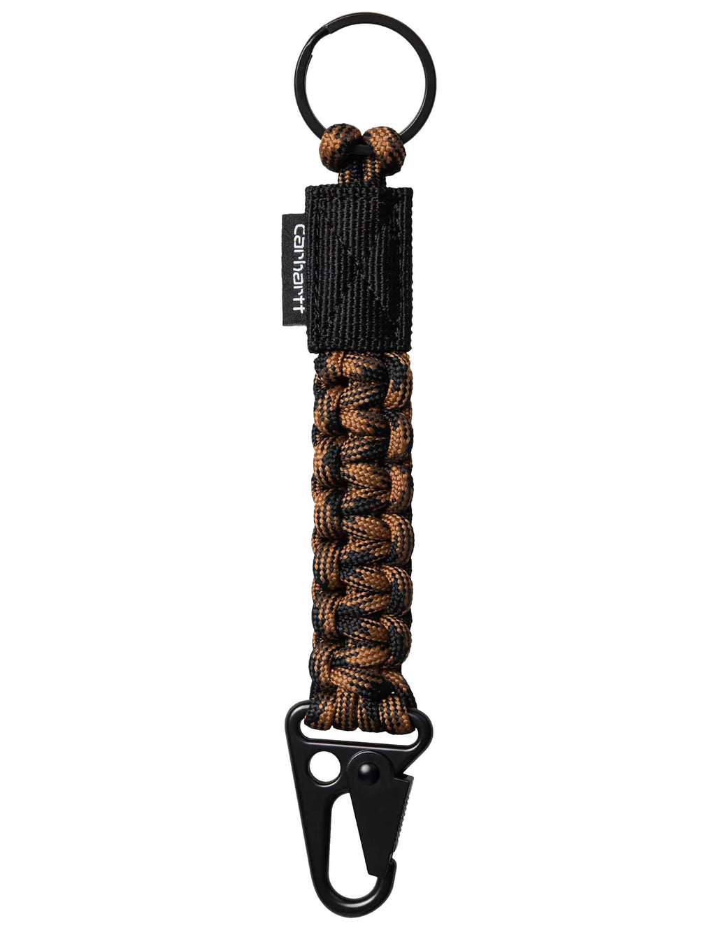 Rope keyholder with black metal hook and dark rope with brown braided sections