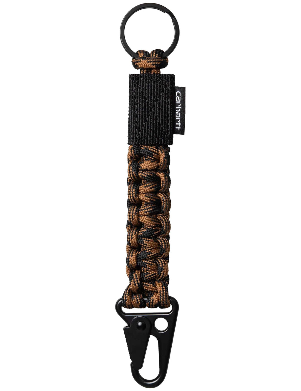 Rope keyholder with black fabric tag, brown-black braided rope, and metal hook