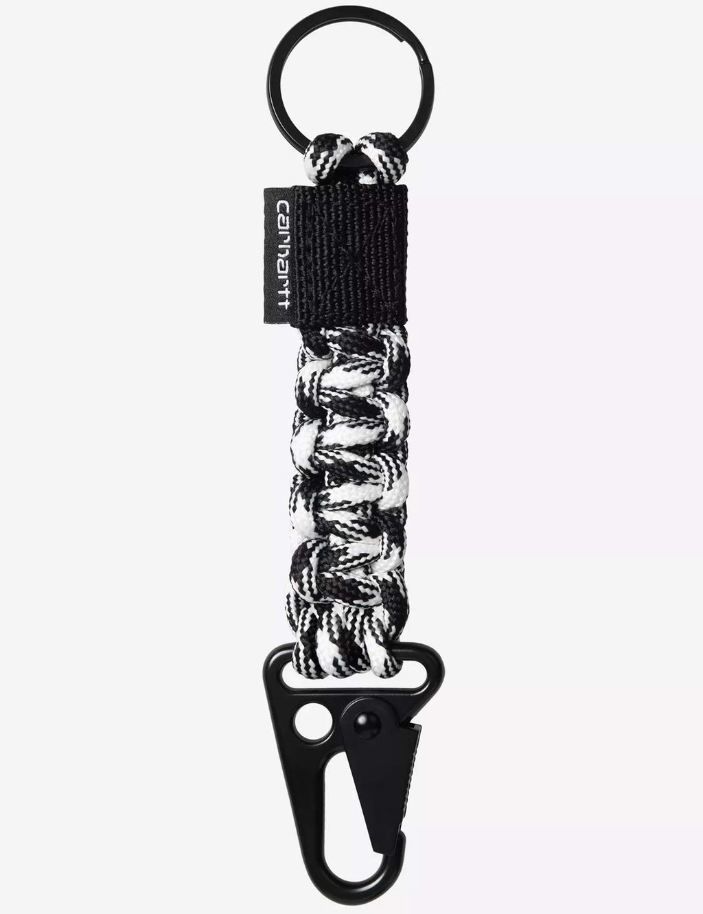 Rope keyholder with black key ring, black-and-white braided rope and metal clasp