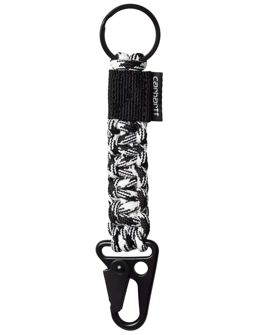 Rope keyholder with black key ring, braided black-and-white strap and metal clasp with tag