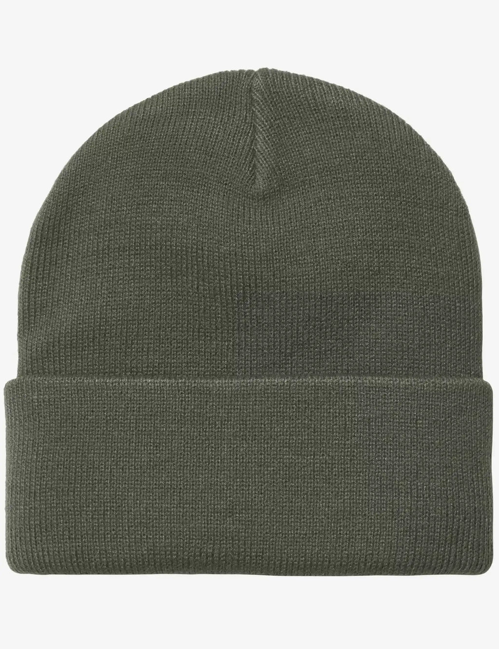 Olive rib-knit beanie with folded cuff, visible top seam