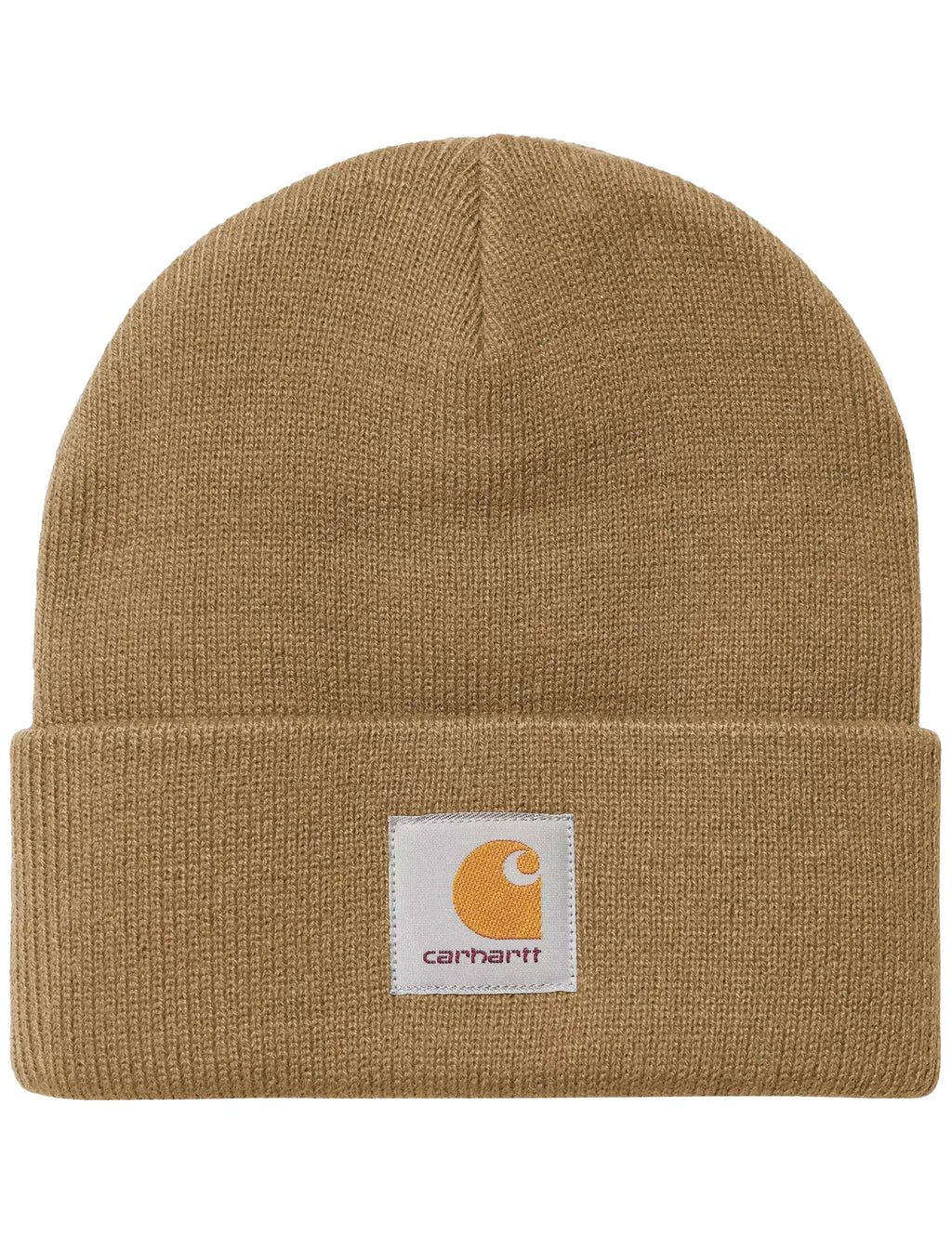 Brown knit short watch beanie with folded ribbed cuff and Carhartt logo