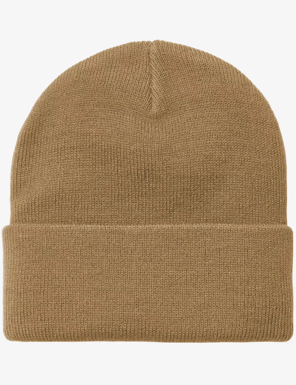 Brown short watch beanie hat with ribbed cuff and folded knit edge