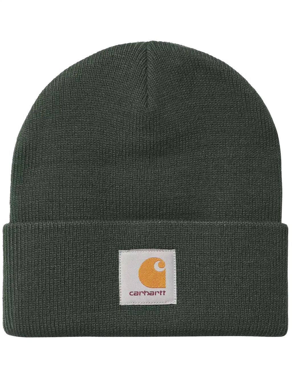 Dark green knit watch cap with ribbed cuff and carhartt logo patch