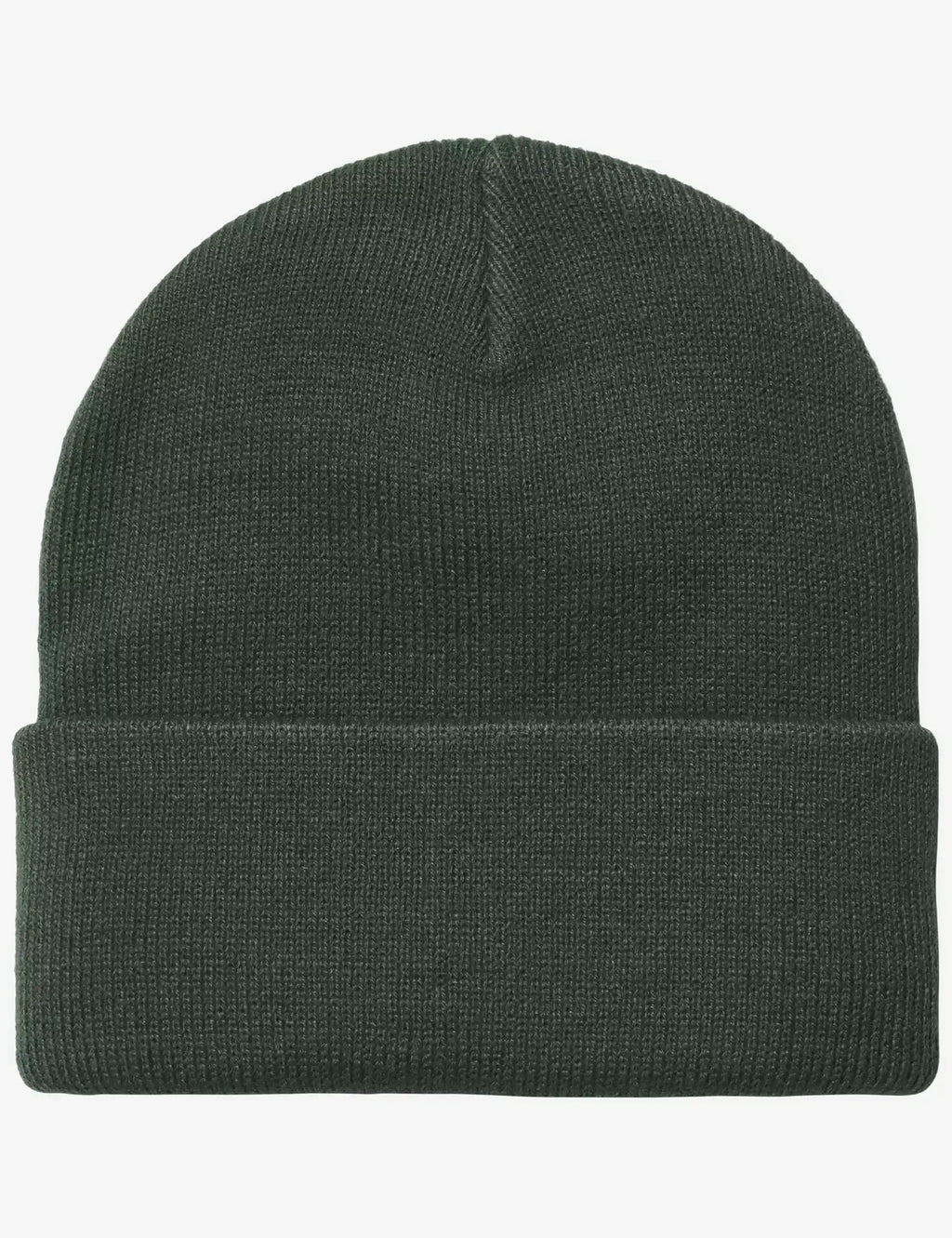 Dark green knit beanie with ribbed cuff, logo patch not visible