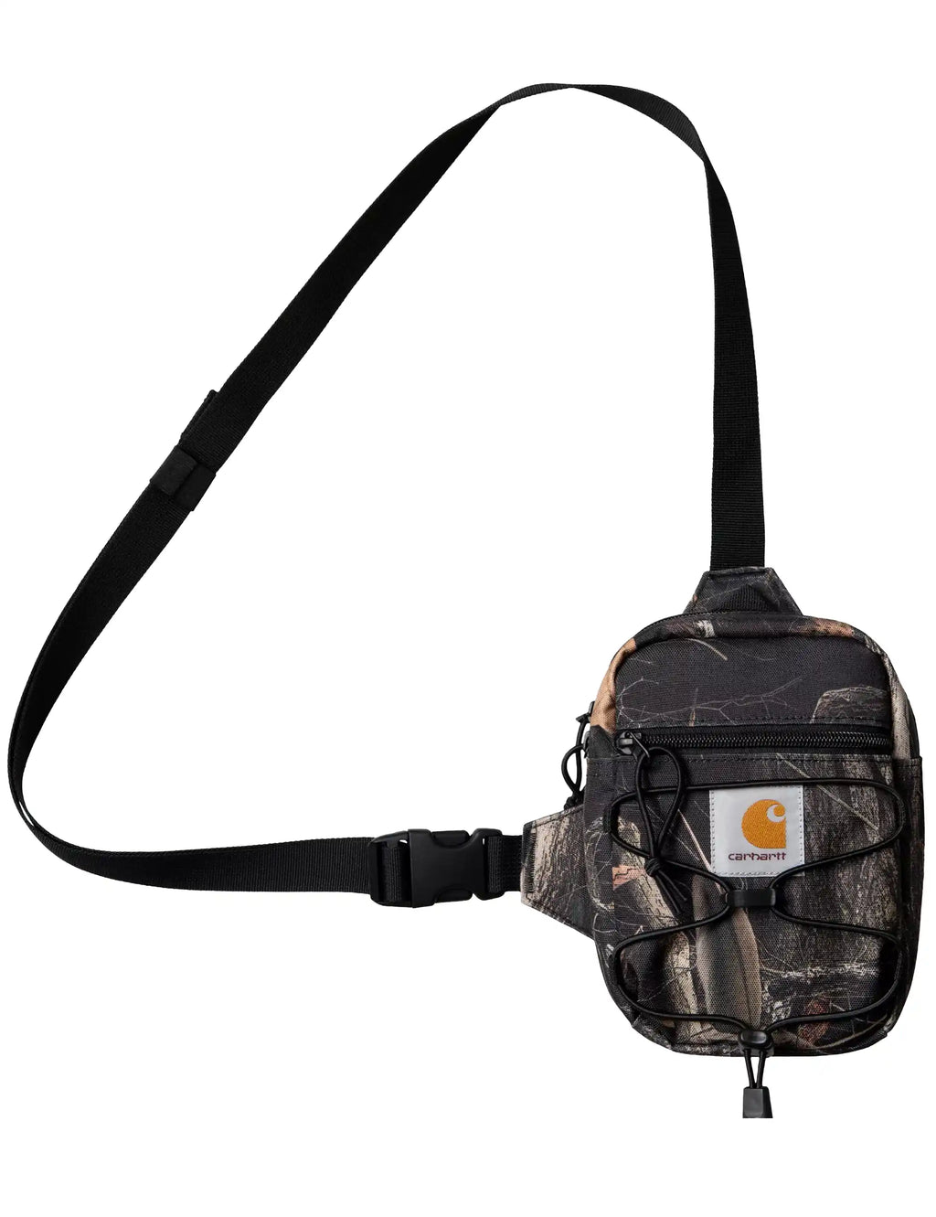 Black camo feather-pattern crossbody bag with long strap and front zip compartments