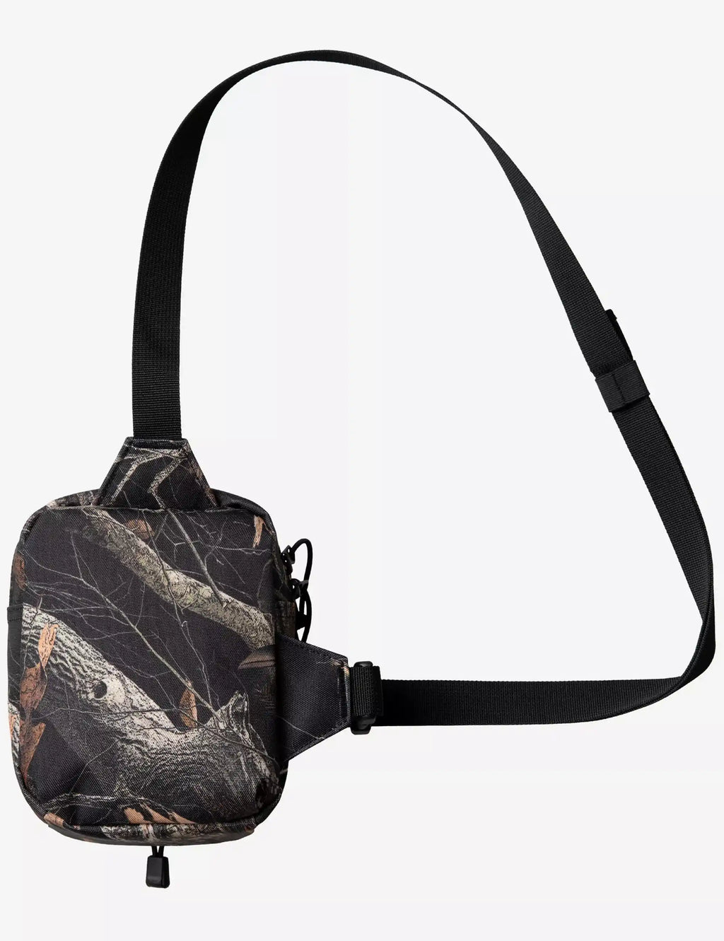 Black camo feather-pattern crossbody bag with adjustable strap and front zipper