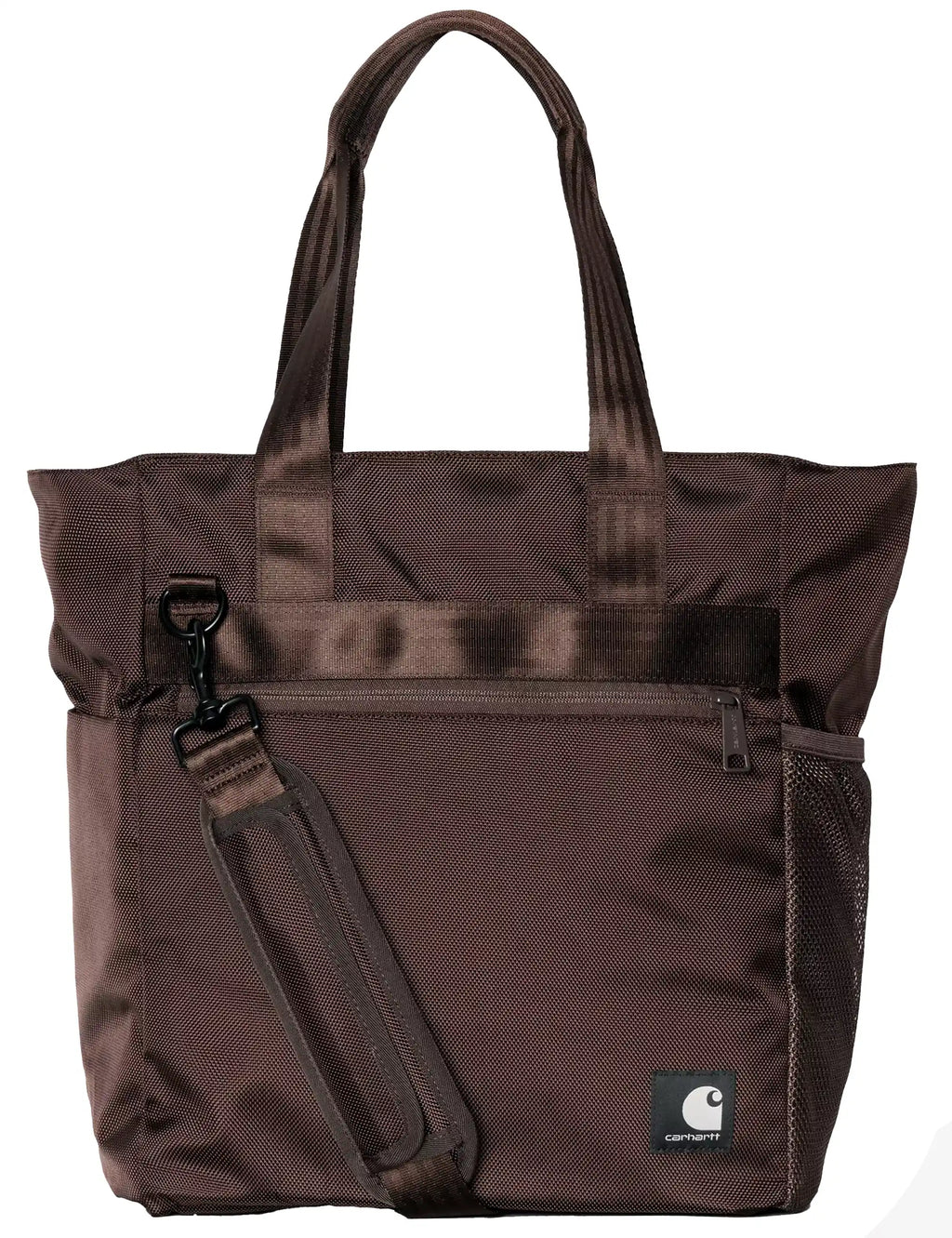 Brown tote bag with top handles, front zip pocket, and detachable crossbody strap