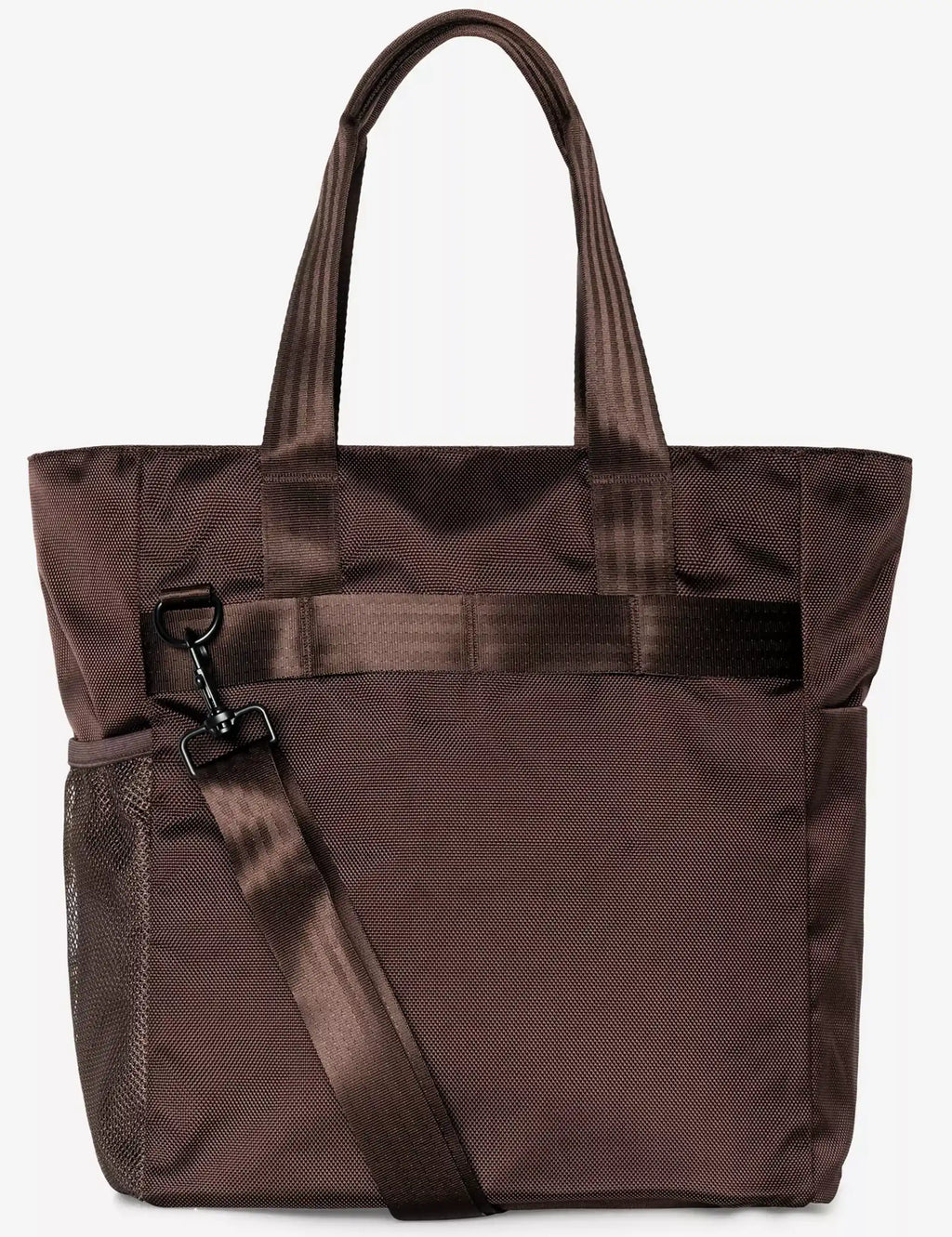 Brown tote bag with top handles, front organizer pocket, and adjustable side strap