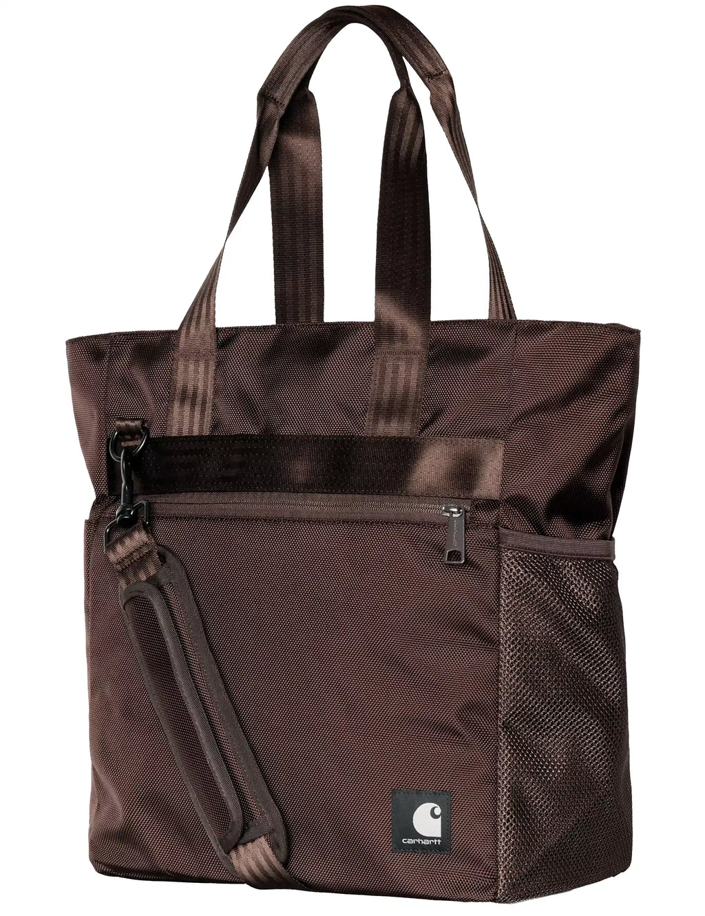 Brown tote bag with mesh side pocket, front zip pocket, and top handles