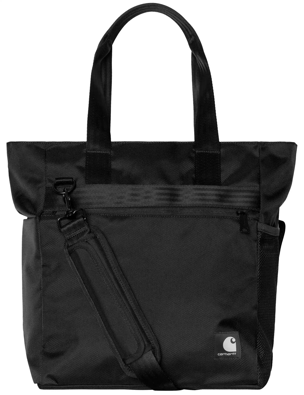 Black nylon tote bag with top handles, front zipper pocket, and adjustable crossbody strap