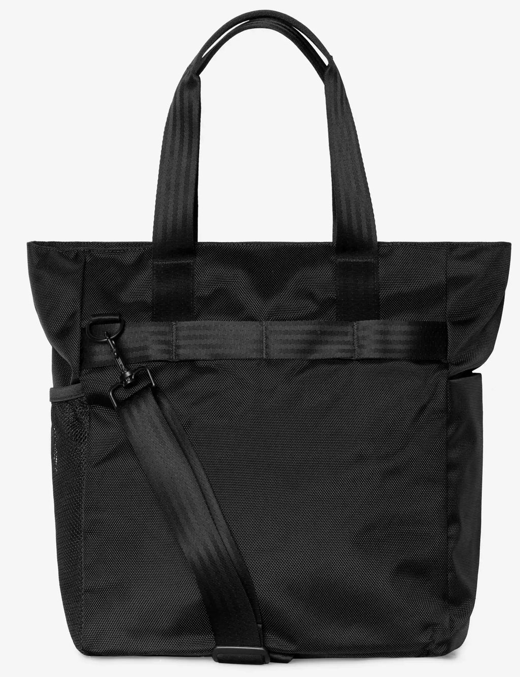 Black tote bag with wide straps, front zip pocket, and side release-buckle strap